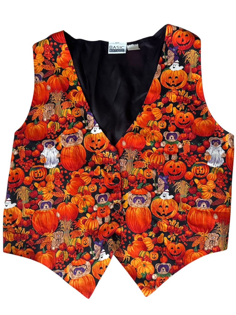 Vintage Basic Editions Halloween Vest Large Pumpkins Ghost Teddy Bears Spooky